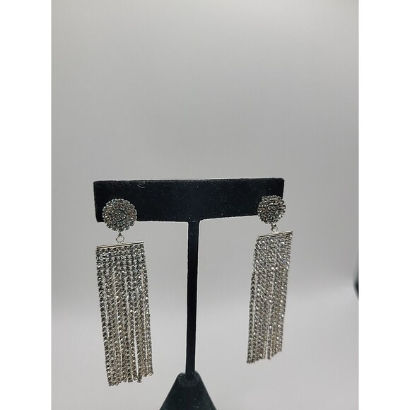 Vintage Silver Tone Rhinestone Tassel Fringe Dangle Earrings Glam Cocktail - Picture 5 of 12